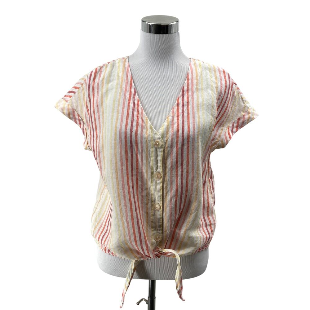 Saks Fifth Avenue Women's Small 100% Linen Striped Tie Front Button Blouse Top